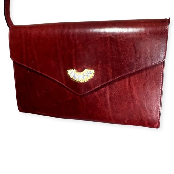 Unique Vintage Handbags - Vintage Leather Red Gold Crystal jewel bag Clutch Handbag Crossbody purse